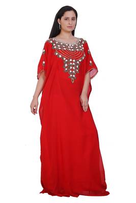 Red Georgette Embroidered Stone Work Islamic Kaftan 4