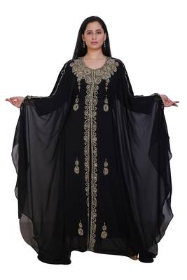 Black Georgette Embroidered Stone Work Islamic Kaftan 1