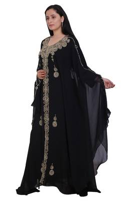 Black Georgette Embroidered Stone Work Islamic Kaftan 4