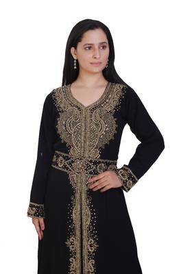 Black Georgette Embroidered Stone Work Islamic Kaftan 2
