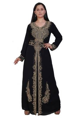 Black Georgette Embroidered Stone Work Islamic Kaftan 1