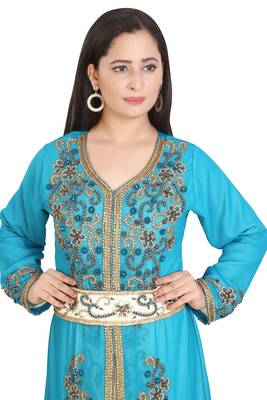 Turquoise Georgette Embroidered Stone Work Islamic Kaftan 2