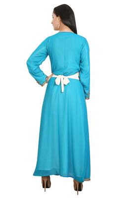 Turquoise Georgette Embroidered Stone Work Islamic Kaftan 3