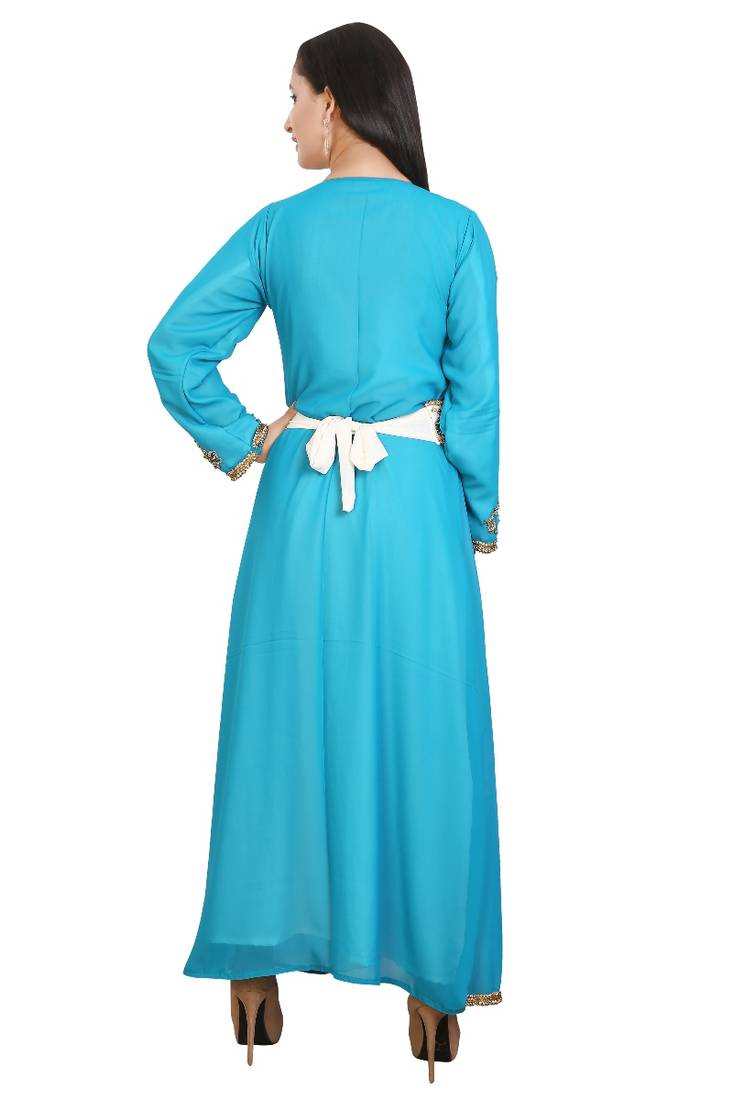 Turquoise Georgette Embroidered Stone Work Islamic Kaftan