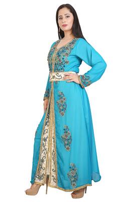 Turquoise Georgette Embroidered Stone Work Islamic Kaftan 4