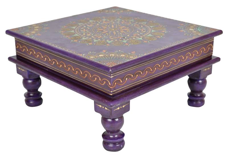 Lal Haveli Indian Hand Painted Wooden Puja Chowki Table 12 x 12 x 6