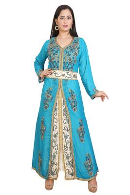 Turquoise Georgette Embroidered Stone Work Islamic Kaftan 1