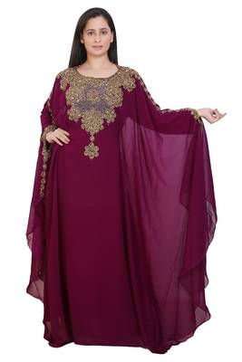 Wine Georgette Embroidered Stone Work Islamic Kaftan 1