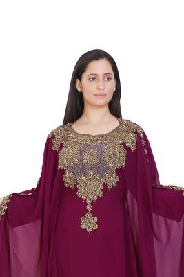 Wine Georgette Embroidered Stone Work Islamic Kaftan 2