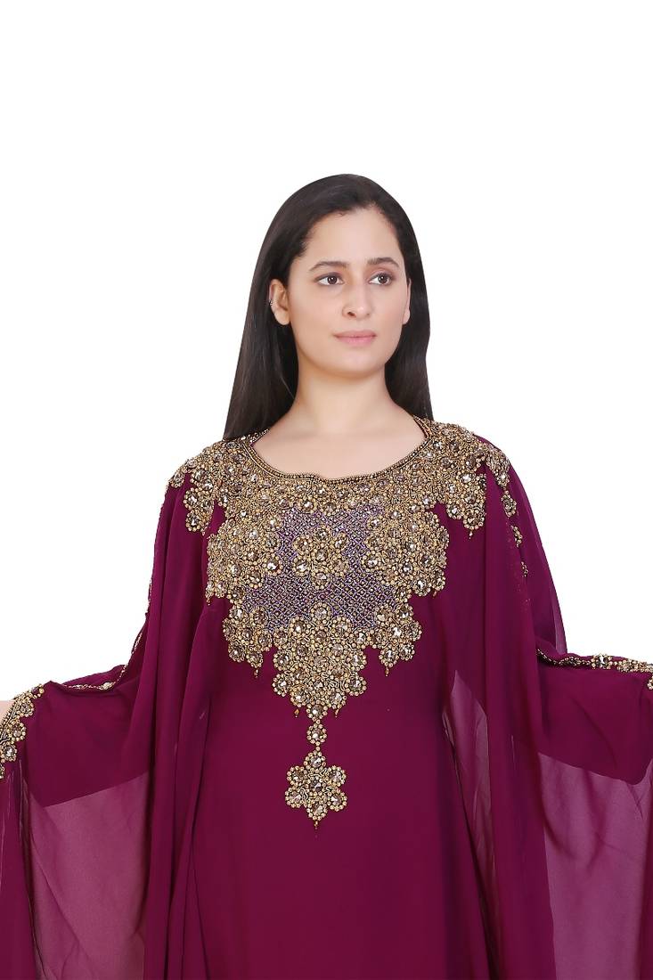 Wine Georgette Embroidered Stone Work Islamic Kaftan