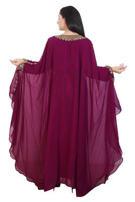 Wine Georgette Embroidered Stone Work Islamic Kaftan 3