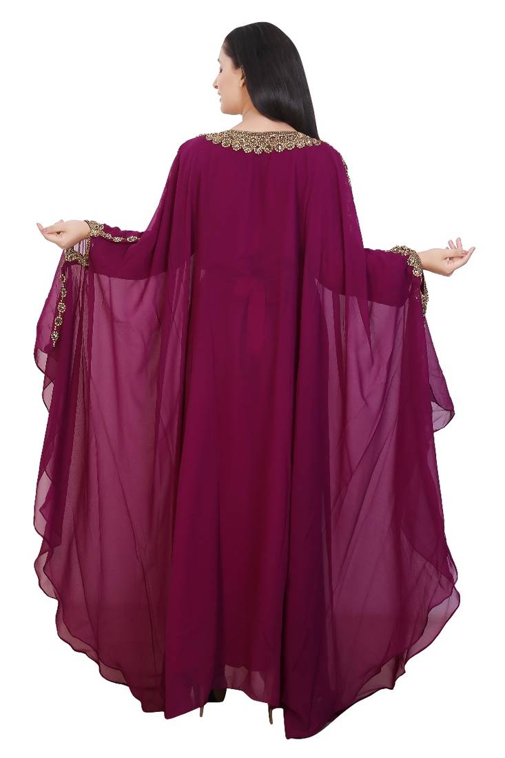 Wine Georgette Embroidered Stone Work Islamic Kaftan