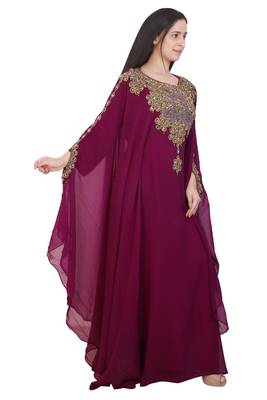 Wine Georgette Embroidered Stone Work Islamic Kaftan 4
