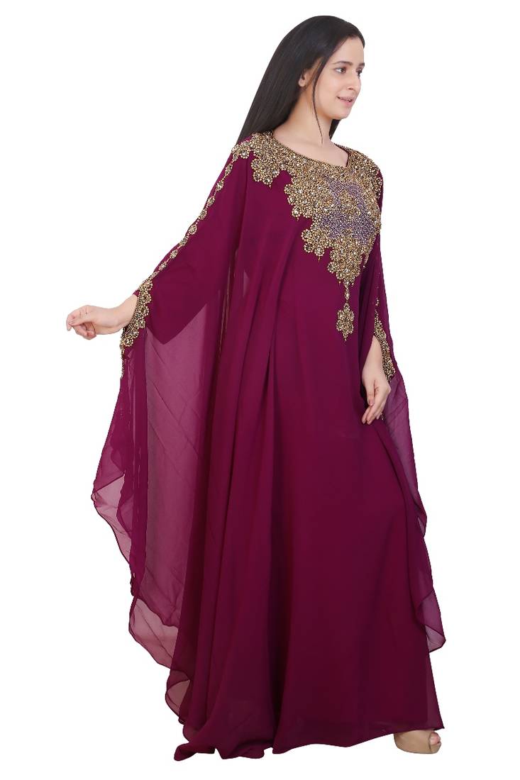 Wine Georgette Embroidered Stone Work Islamic Kaftan