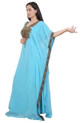 Turquoise Georgette Embroidered Stone Work Islamic Kaftan 2