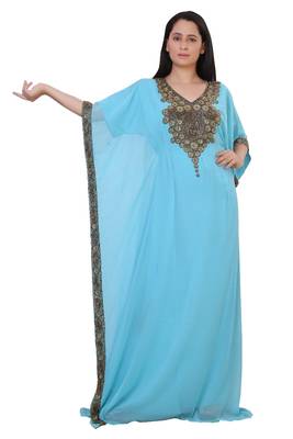 Turquoise Georgette Embroidered Stone Work Islamic Kaftan 1