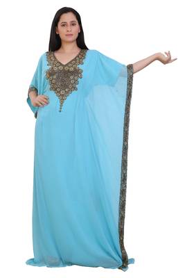 Turquoise Georgette Embroidered Stone Work Islamic Kaftan 3