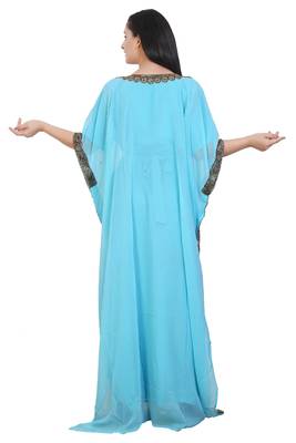 Turquoise Georgette Embroidered Stone Work Islamic Kaftan 4