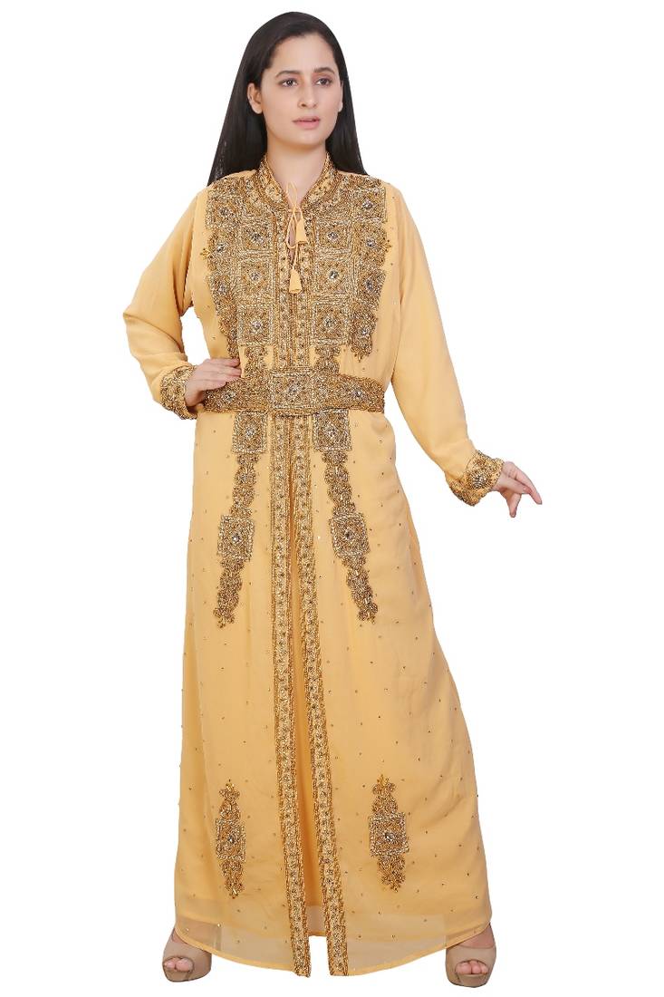 Beige Georgette Embroidered Stone Work Islamic Kaftan