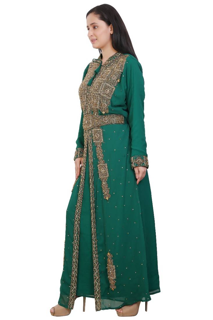 Green Georgette Embroidered Stone Work Islamic Kaftan