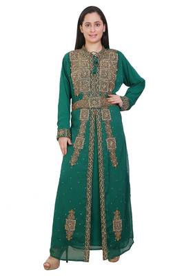 Green Georgette Embroidered Stone Work Islamic Kaftan 1