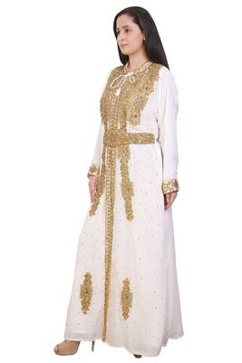 Cream Georgette Embroidered Stone Work Islamic Kaftan 1