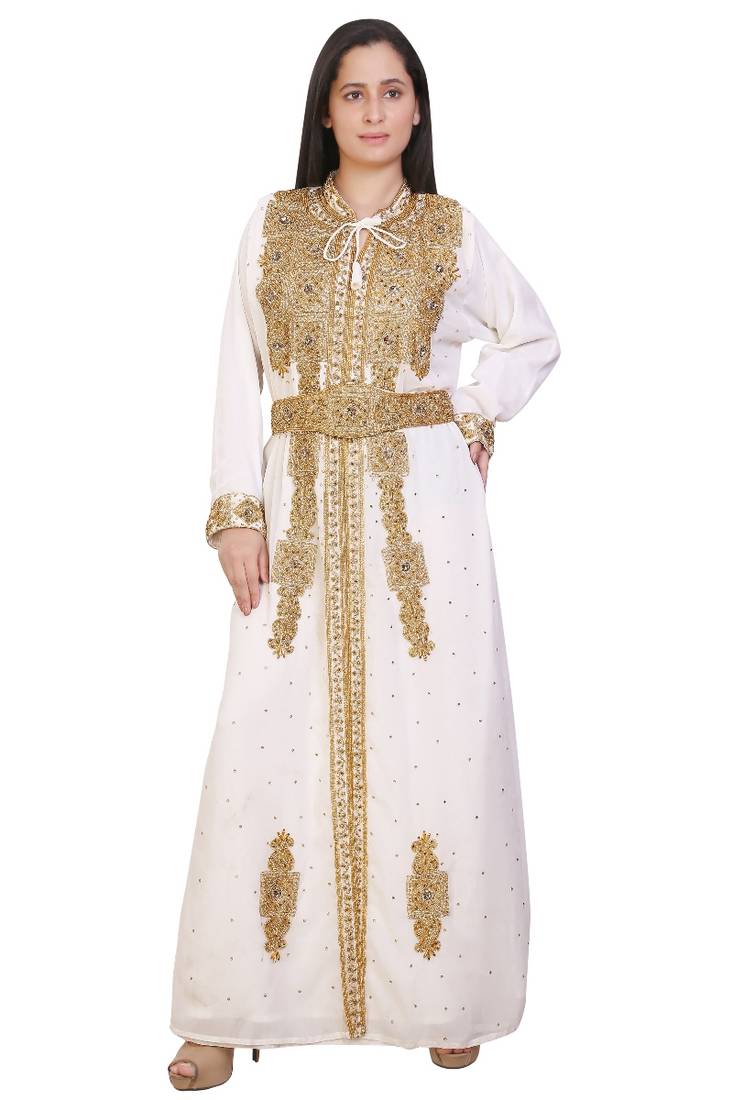 Cream Georgette Embroidered Stone Work Islamic Kaftan