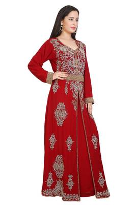 Red Georgette Embroidered Stone Work Islamic Kaftan 4