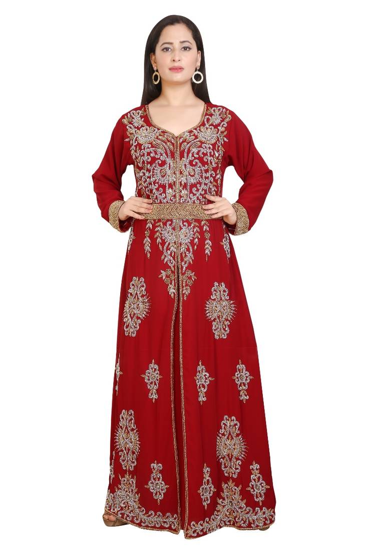 Red Georgette Embroidered Stone Work Islamic Kaftan
