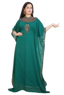 Green Georgette Embroidered Stone Work Islamic Kaftan 1