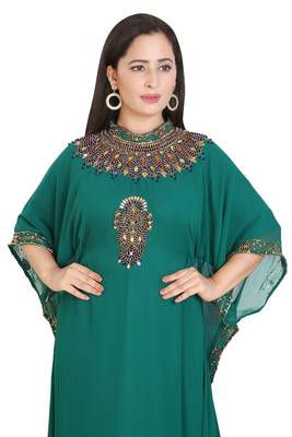Green Georgette Embroidered Stone Work Islamic Kaftan 4