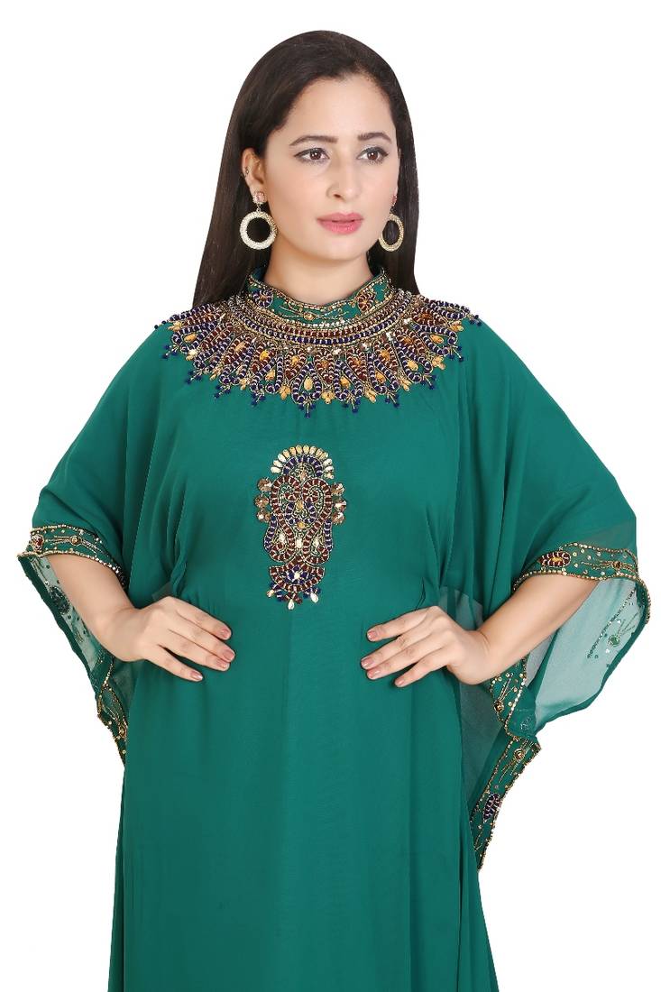 Green Georgette Embroidered Stone Work Islamic Kaftan