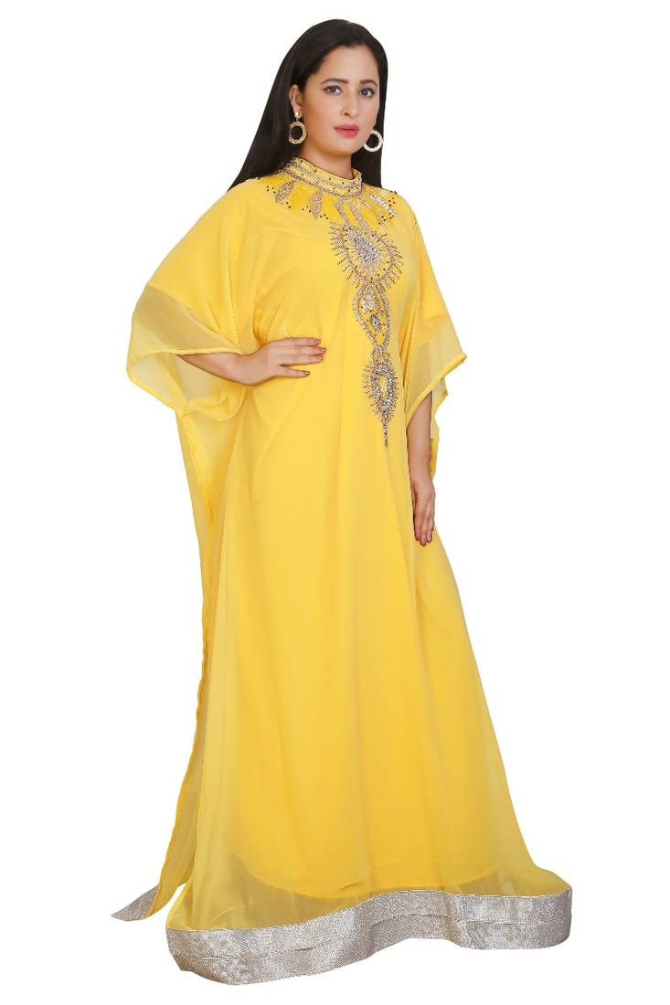 Yellow Georgette Embroidered Stone Work Islamic Kaftan