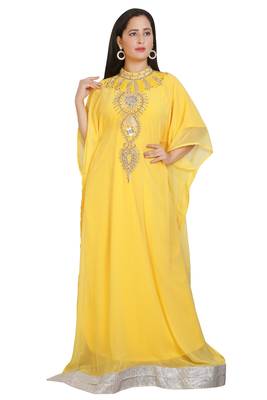 Yellow Georgette Embroidered Stone Work Islamic Kaftan 1