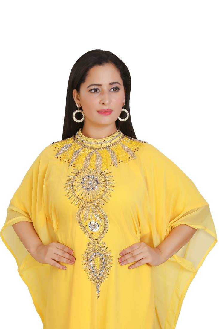 Yellow Georgette Embroidered Stone Work Islamic Kaftan