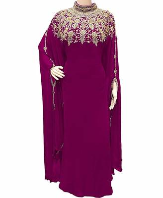 Wine Georgette Embroidered Stone Work Islamic Kaftan 1