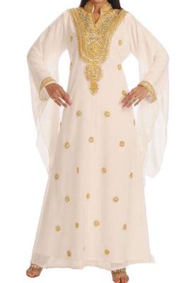 Cream Georgette Embroidered Stone Work Islamic Kaftan 1