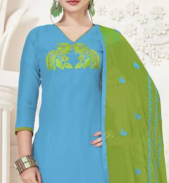 Sky-blue embroidered silk cotton salwar with dupatta 4