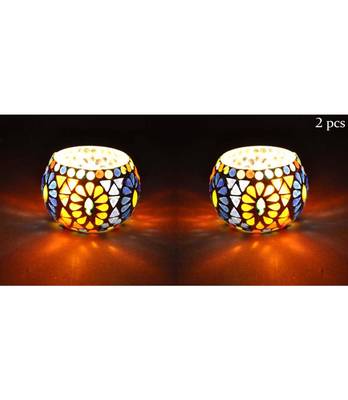 Lal Haveli Handmade Mosaic Glass Tea Light Candle Holder Table Decorations Set of 2 (3 inch) 1