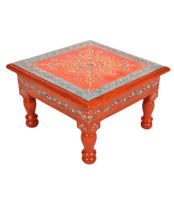 Lal Haveli Handmade Designer Wooden Bajot Patla Orange Color 9 X 9 X 5.5 inches 2