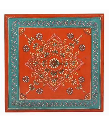 Lal Haveli Handmade Designer Wooden Bajot Patla Orange Color 9 X 9 X 5.5 inches 3