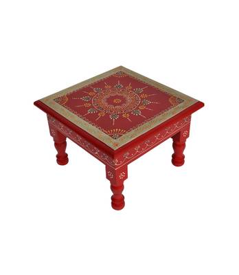 Lal Haveli Meenakari Work Design Wooden Chowki Table Red Color 9 X 9 X 5.5 inches 3