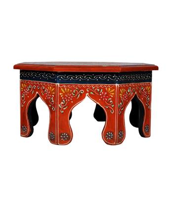 Lal Haveli Hand Painted Work Design Wooden Round Bajot & Chowki Table 13 X 13 X 6 Inches 1