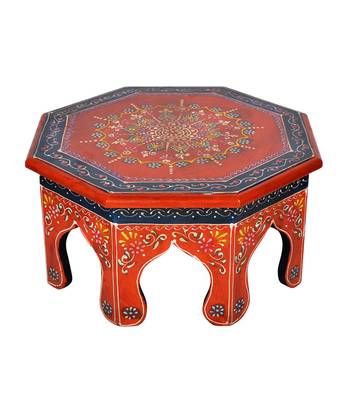 Lal Haveli Hand Painted Work Design Wooden Round Bajot & Chowki Table 13 X 13 X 6 Inches 2