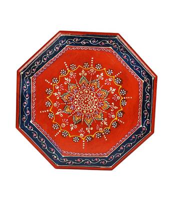 Lal Haveli Hand Painted Work Design Wooden Round Bajot & Chowki Table 13 X 13 X 6 Inches 3