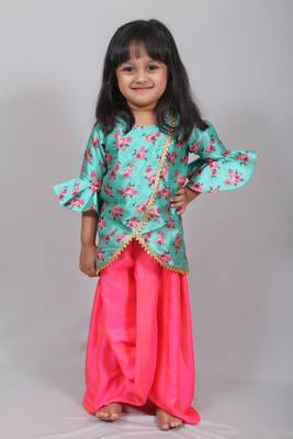 Blue printed cotton silk top with skirt dhoti for girls 1
