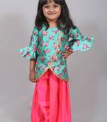 Blue printed cotton silk top with skirt dhoti for girls