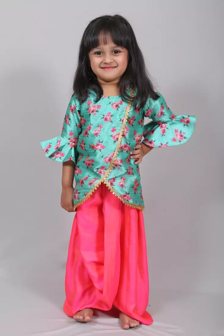 Blue printed cotton silk top with skirt dhoti for girls
