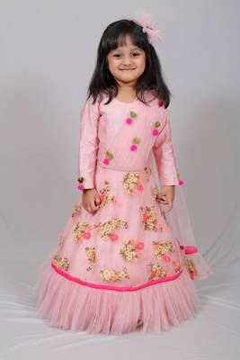 Pink embroidered art silk kids-frocks 1