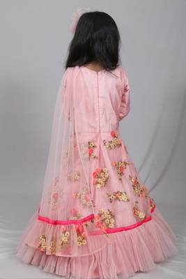 Pink embroidered art silk kids-frocks 2